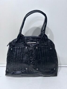 Matt & Nat Black‎ Crinkle Patent Vegan Leather Satchel Bag Silver Hardware